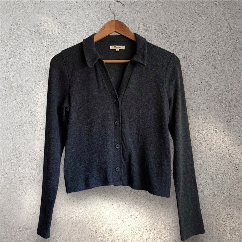 Madewell Gray Polo Sweater Cardigan Crop Ribbed Knit Collared Long Sleeves S - Picture 5 of 7